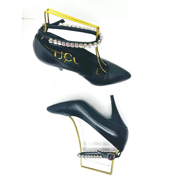 GUCCI Black Leather Crystal Embellished Ankle Strap Pointed Toe Pump Heel EU36.5 - Picture 5 of 13